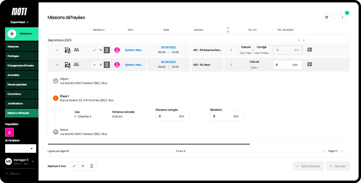 écran déplacements et indemnités Moti®