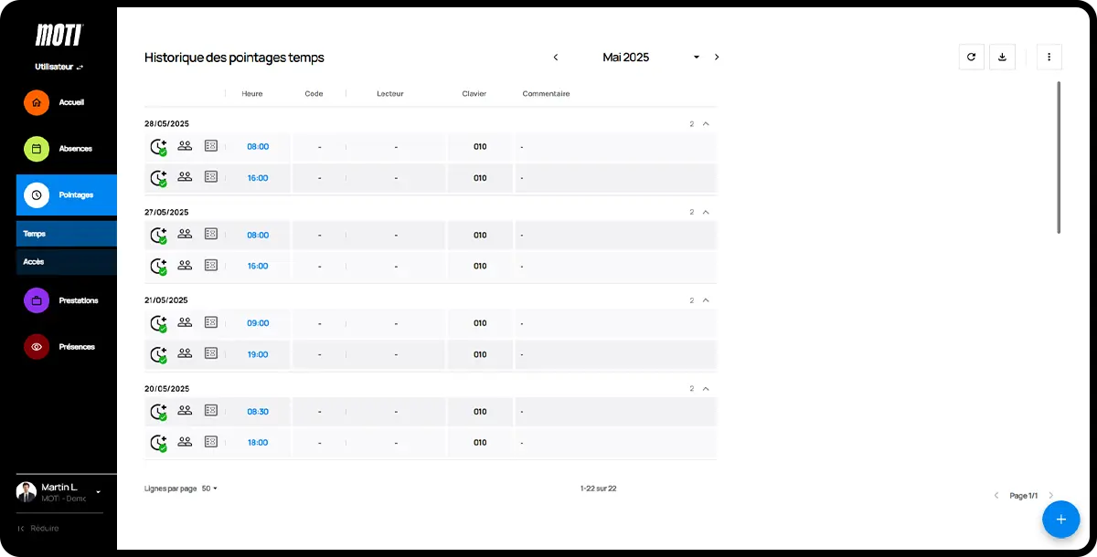 Logiciel Moti® - module pointage