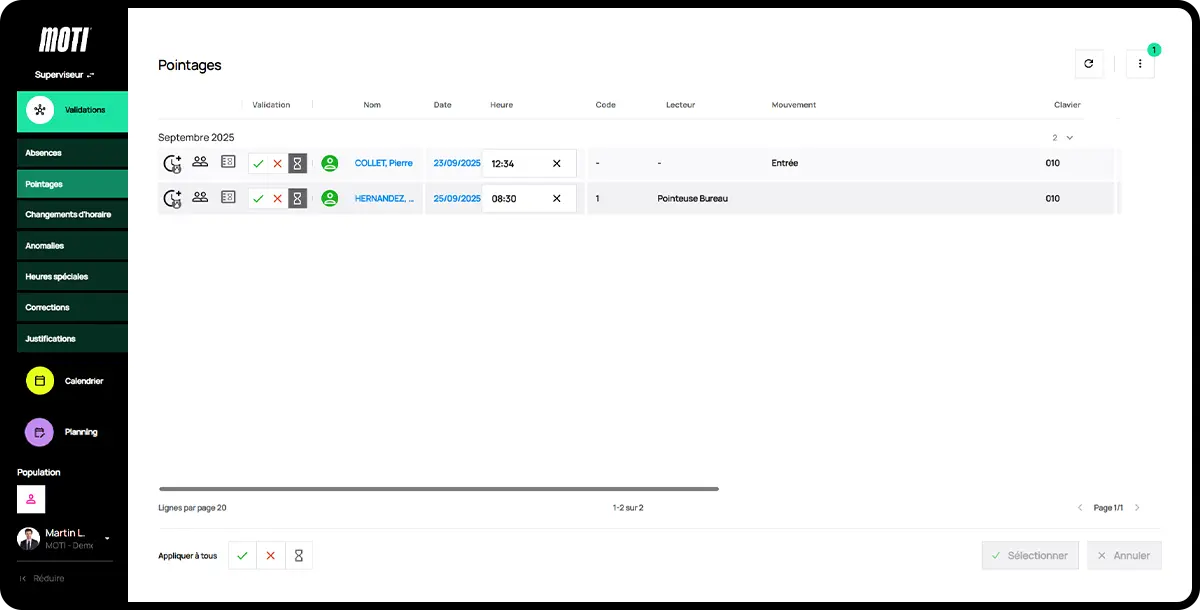 Logiciel Moti® - module pointage