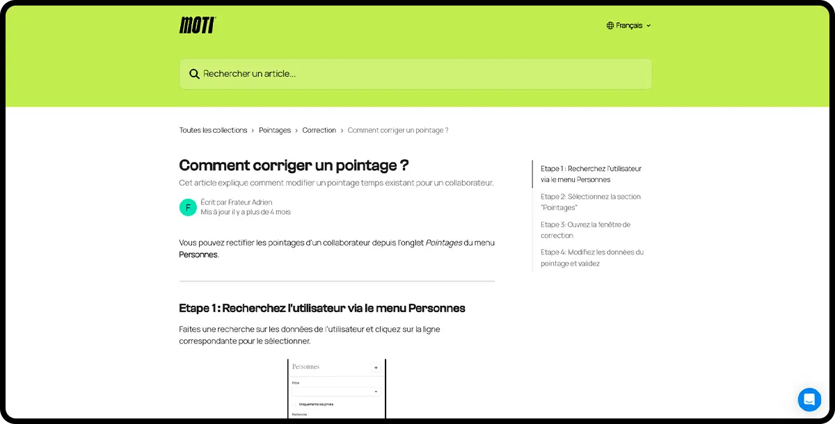 écran centre d'aide de Moti®